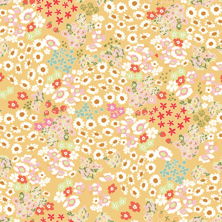 Cotton Nook Flowerbed Yellow fabric with daisies, strawberries and florals on sunny yellow.