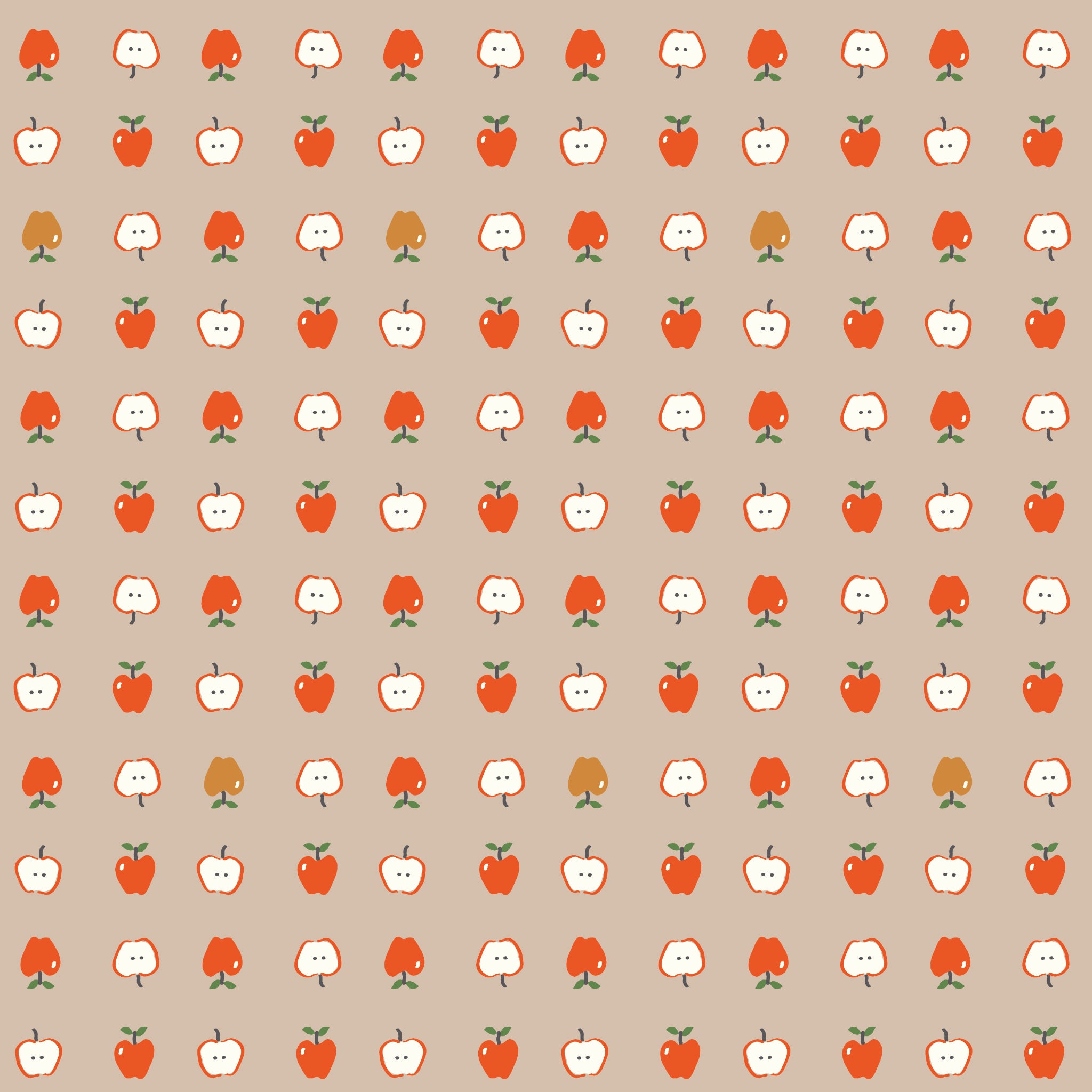 Cotton Nook Apples Biscuit fabric with red apples and sliced apples on a warm beige background.