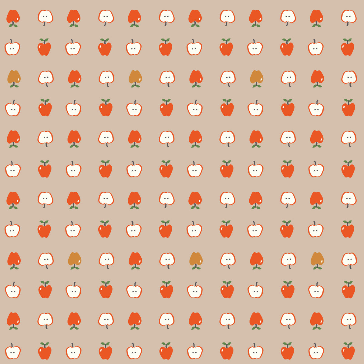 Cotton Nook Apples Biscuit fabric with red apples and sliced apples on a warm beige background.