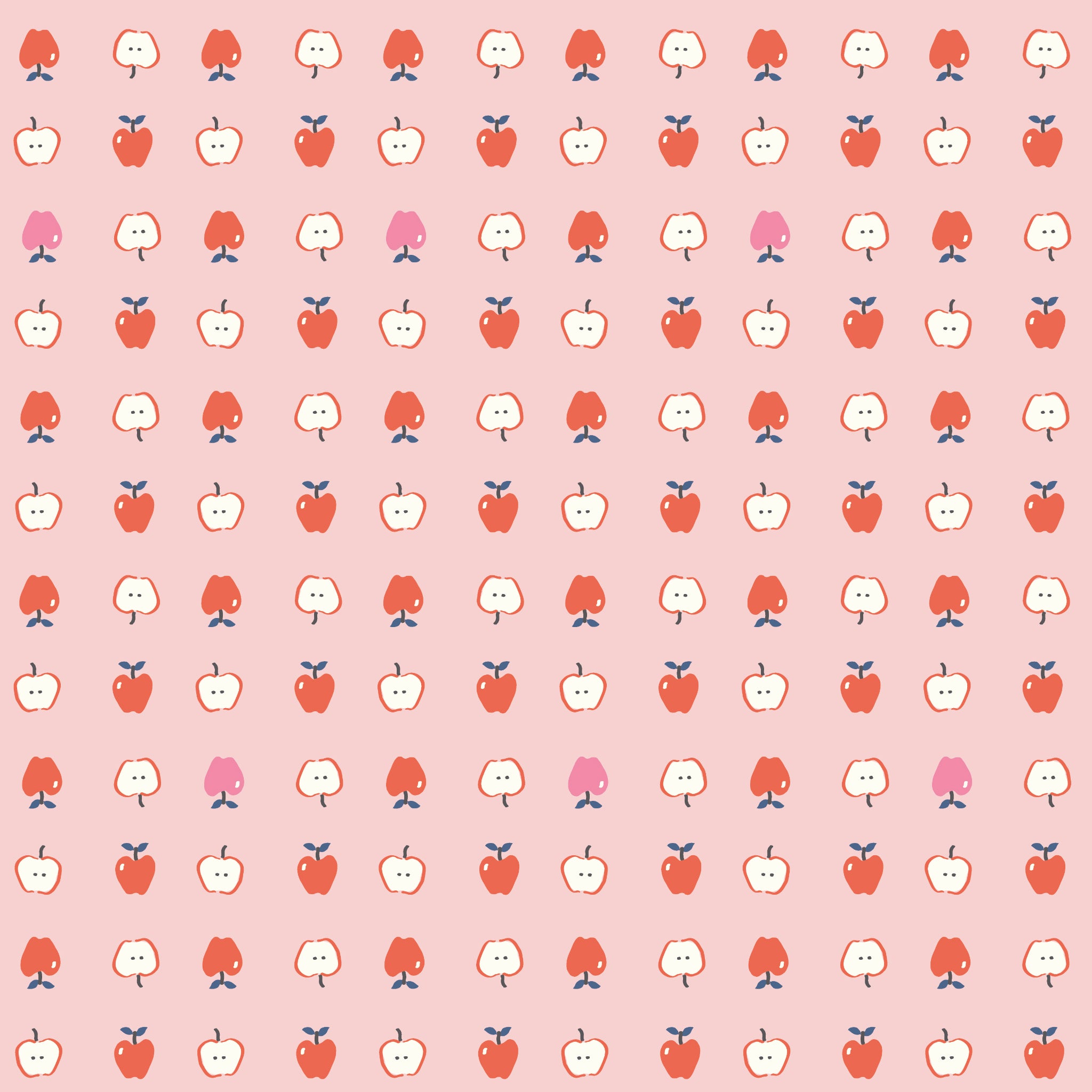 Cotton Nook Apples Pink fabric with red, pink and sliced apples arranged on a soft pink background.