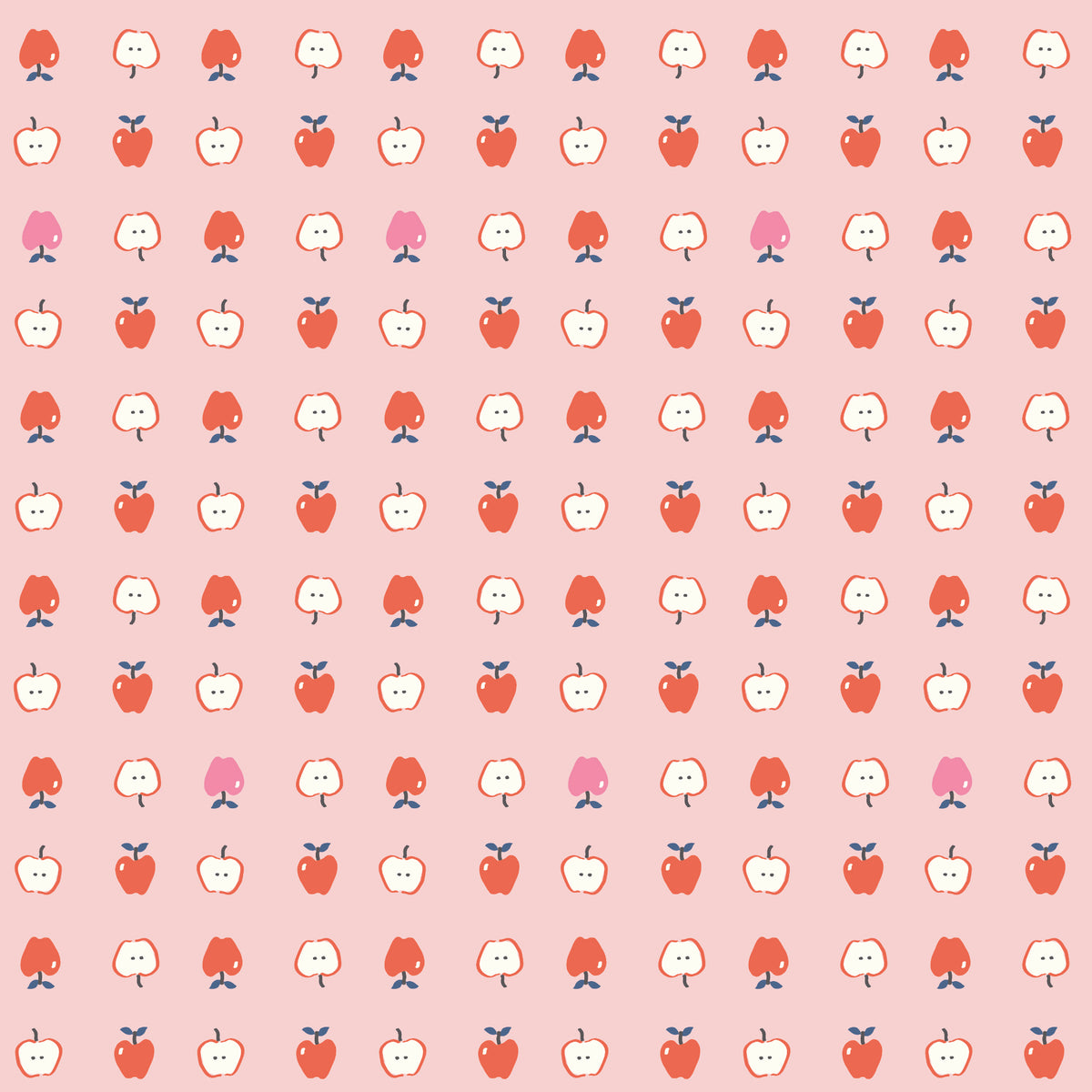 Cotton Nook Apples Pink fabric with red, pink and sliced apples arranged on a soft pink background.