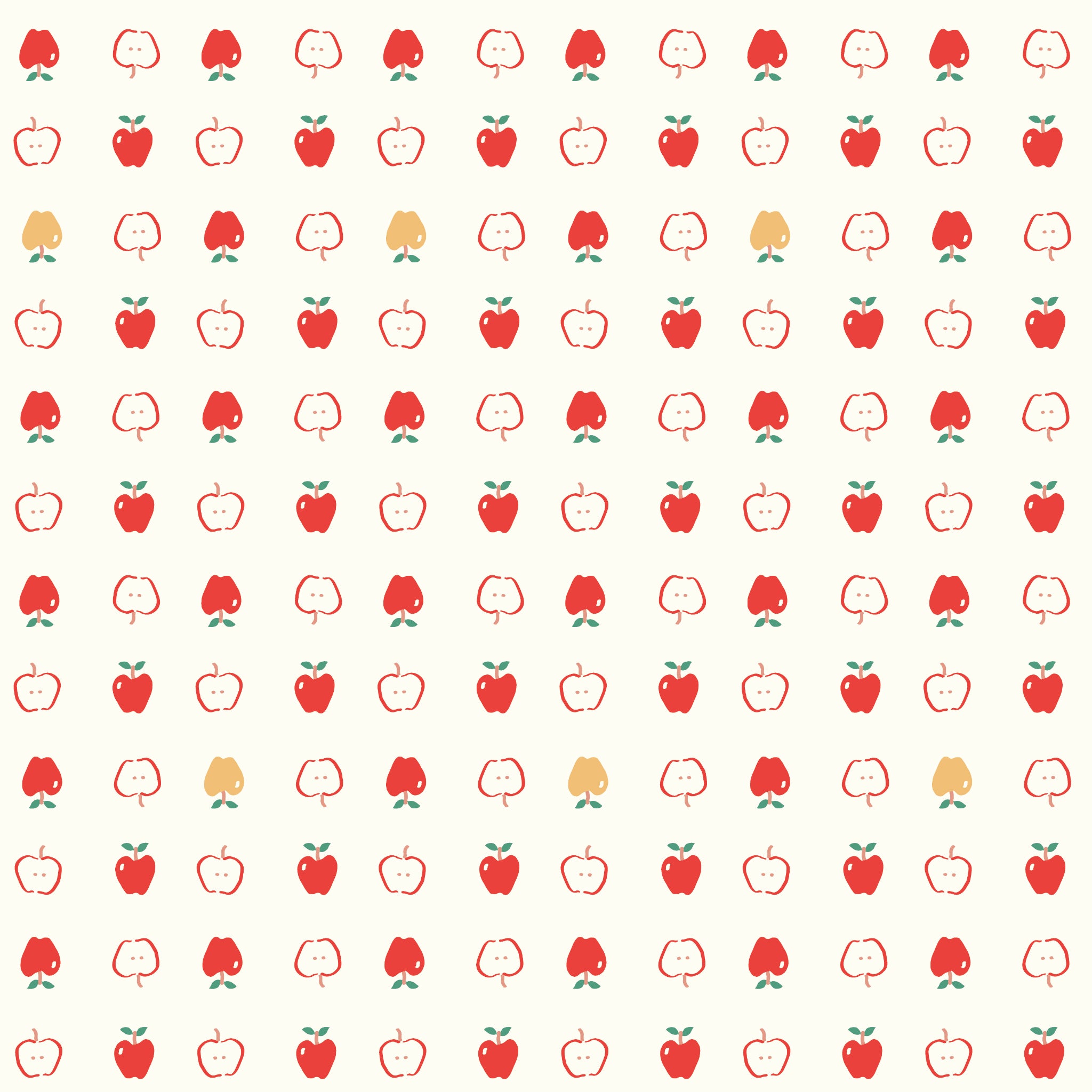 Cotton Nook Apples Vintage White fabric with red apples and apple slices on cream.
