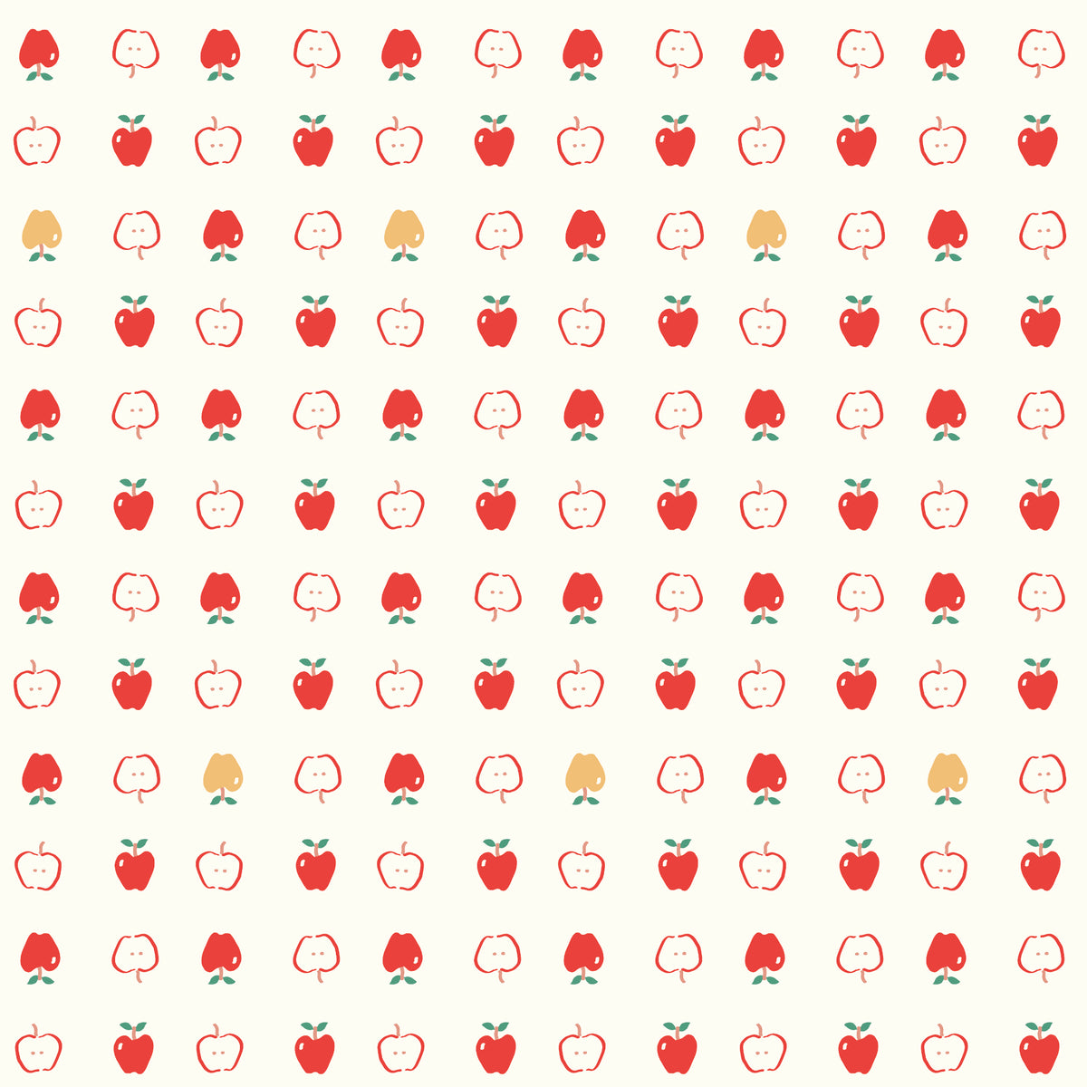 Cotton Nook Apples Vintage White fabric with red apples and apple slices on cream.