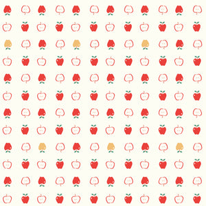 Cotton Nook Apples Vintage White fabric with red apples and apple slices on cream.