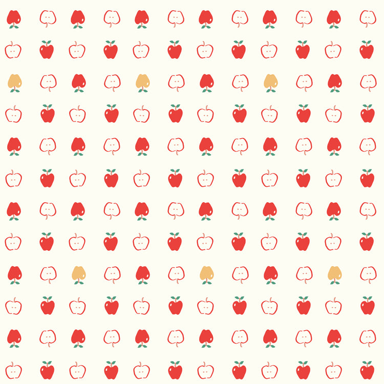 Cotton Nook Apples Vintage White fabric with red apples and apple slices on cream.
