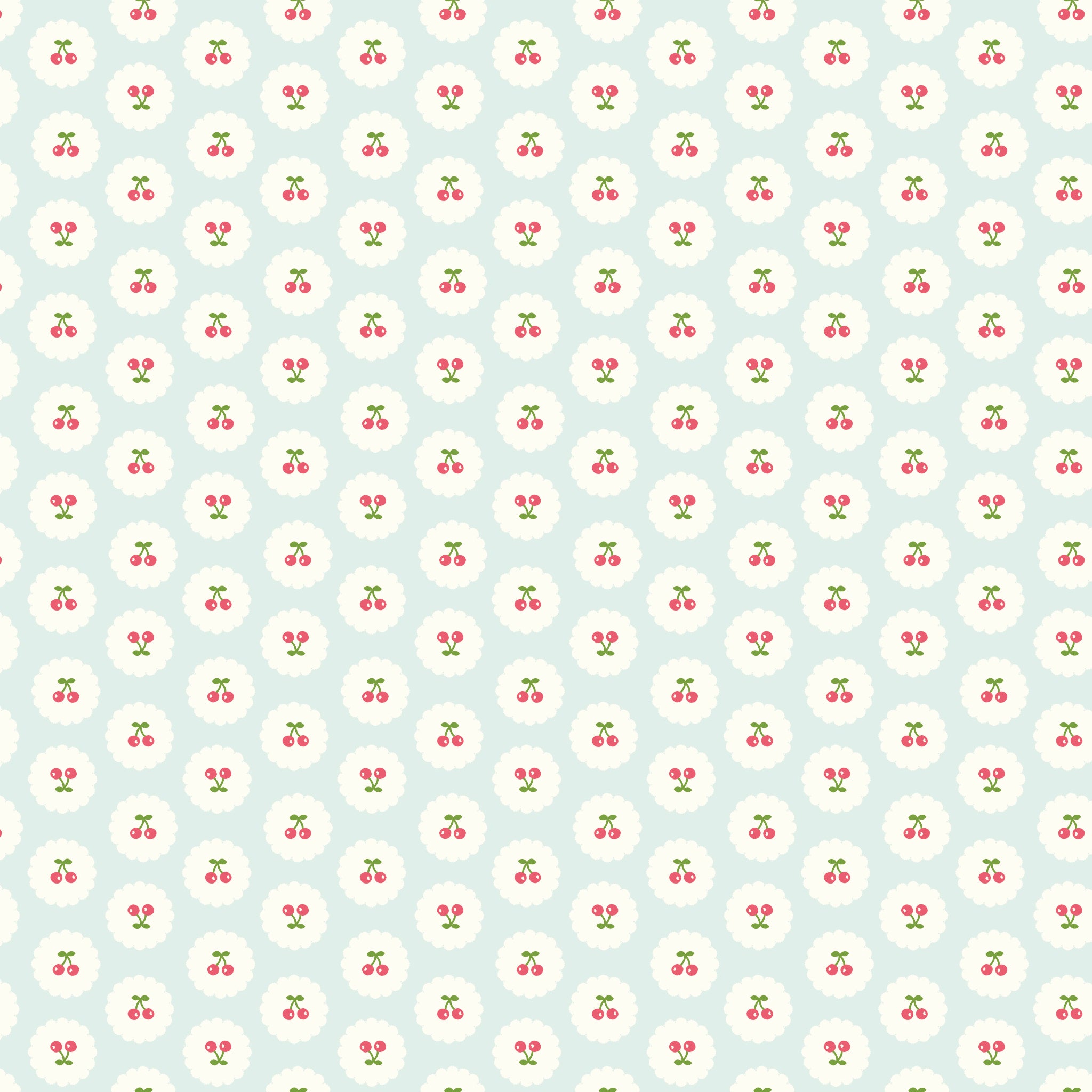 Cotton Nook Cherries Bleached Denim fabric with tiny cherries in white scalloped circles.