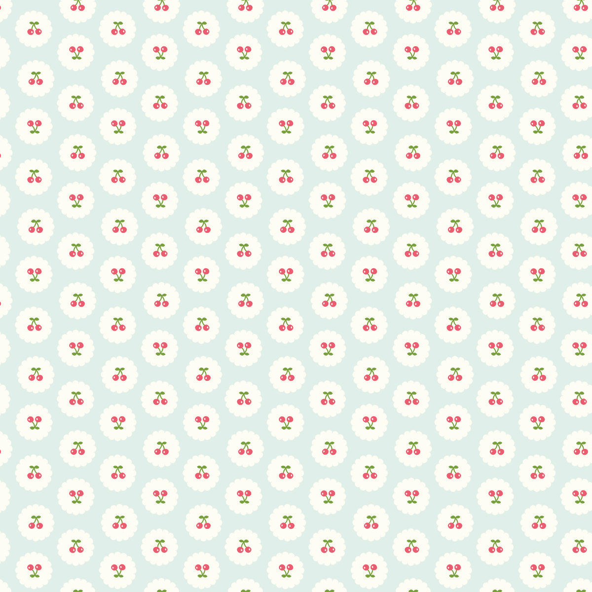 Cotton Nook Cherries Bleached Denim fabric with tiny cherries in white scalloped circles.