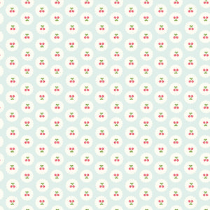 Cotton Nook Cherries Bleached Denim fabric with tiny cherries in white scalloped circles.