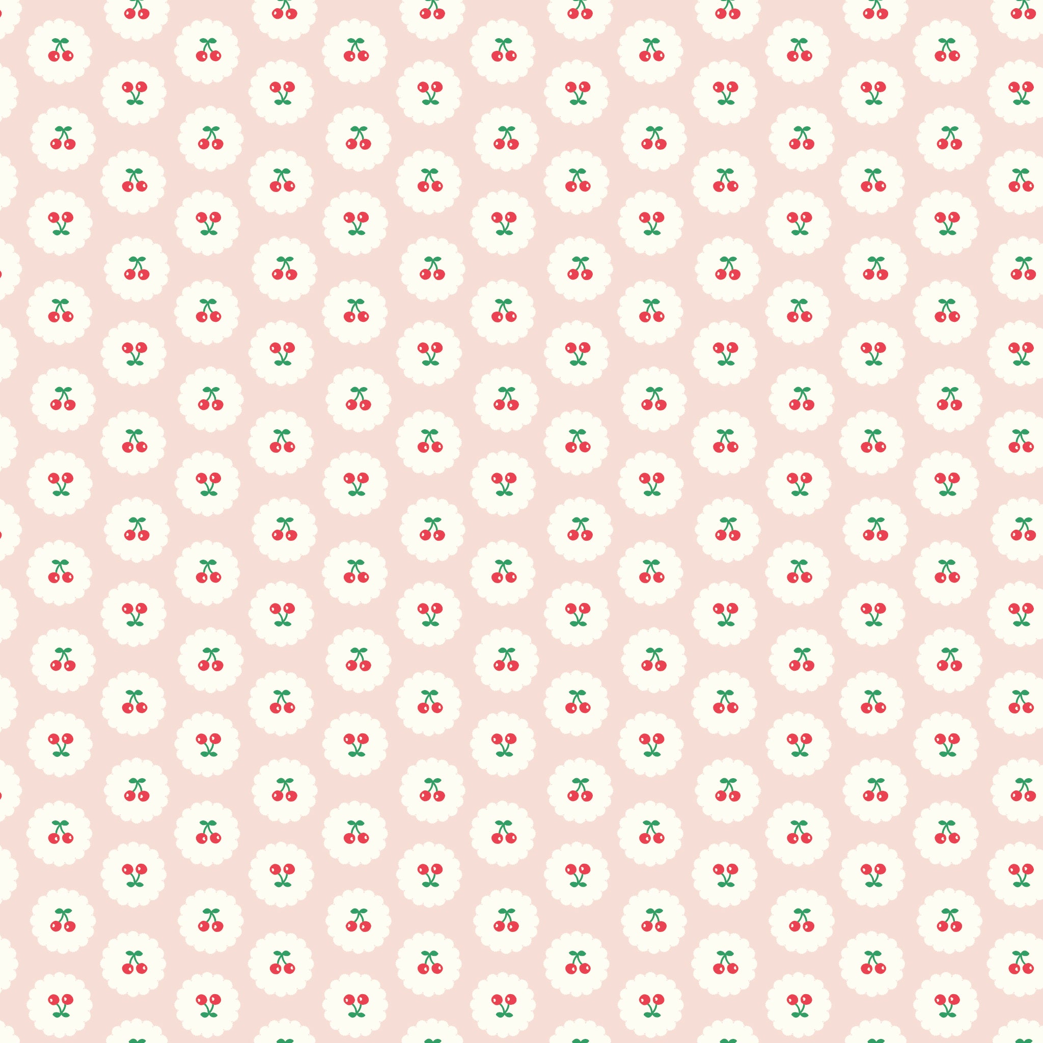 Cotton Nook Cherries Blush fabric with red cherries inside white scalloped circles on pale pink.