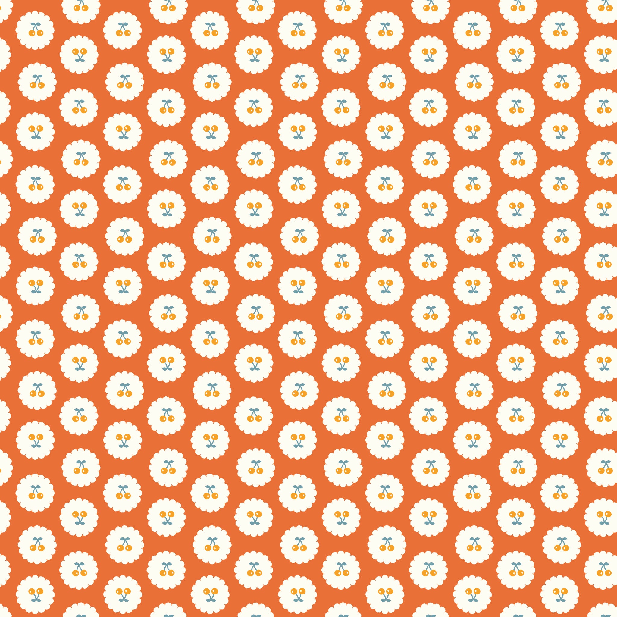 Cotton Nook Cherries Orange fabric with golden cherries in white scalloped circles on orange.