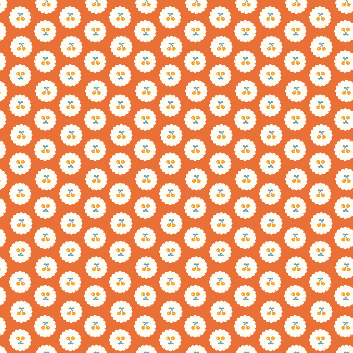 Cotton Nook Cherries Orange fabric with golden cherries in white scalloped circles on orange.