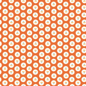 Cotton Nook Cherries Orange fabric with golden cherries in white scalloped circles on orange.