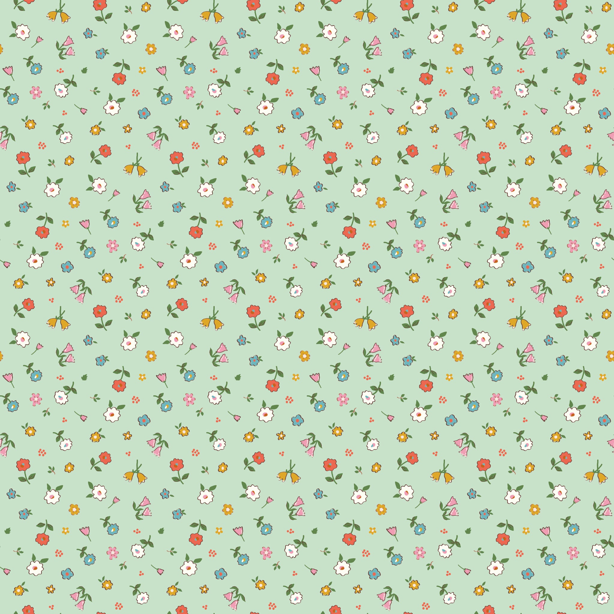 Cotton Nook Pretty Mint fabric with scattered colorful petite flowers on a soft mint green background.