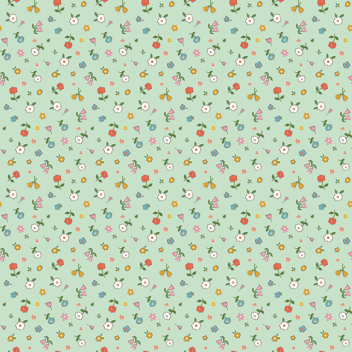 Cotton Nook Pretty Mint fabric with scattered colorful petite flowers on a soft mint green background.