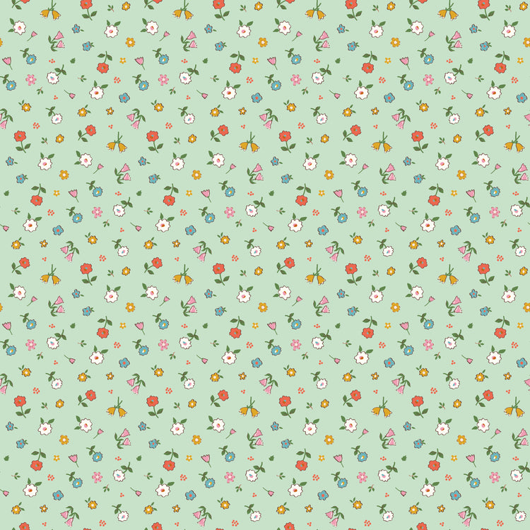 Cotton Nook Pretty Mint fabric with scattered colorful petite flowers on a soft mint green background.