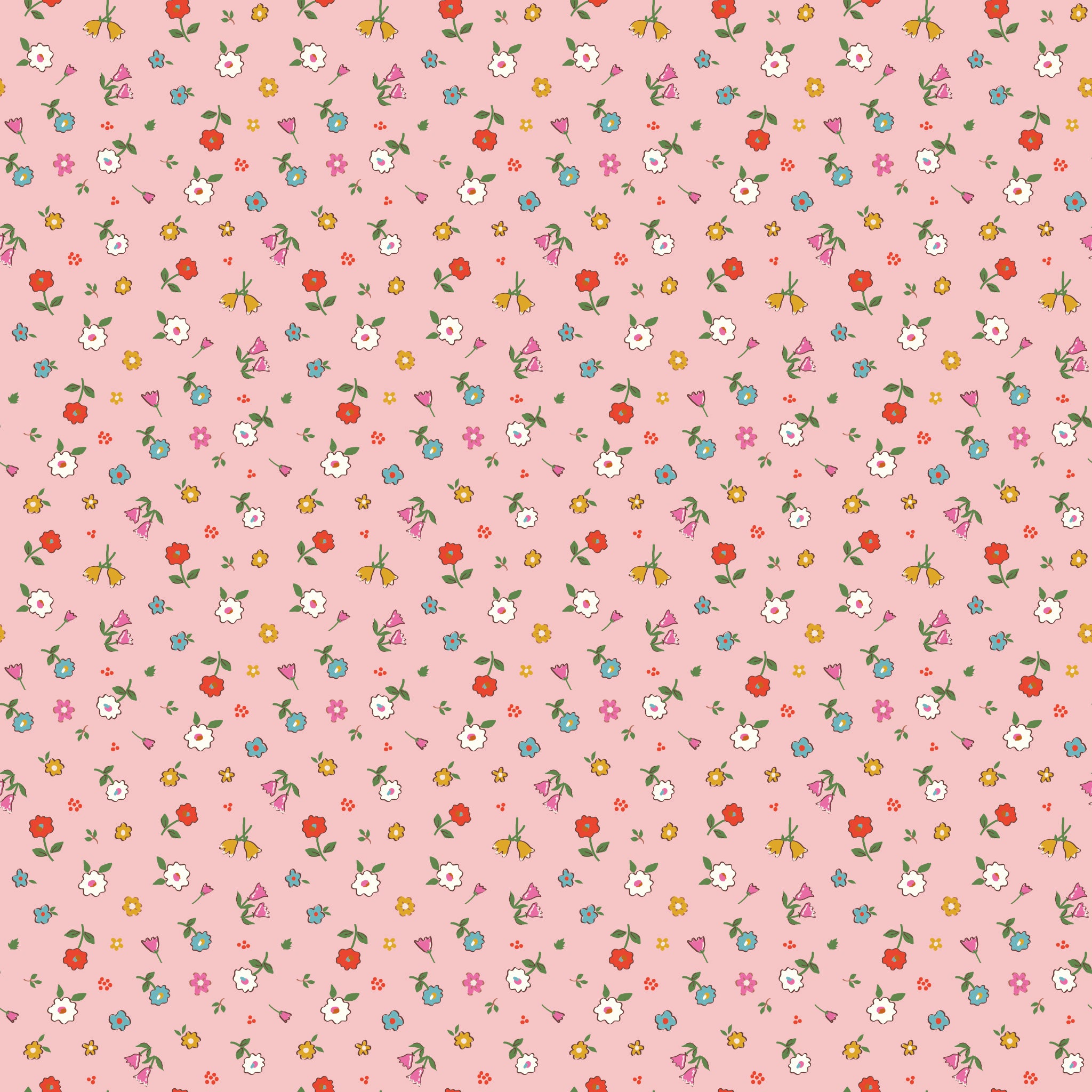 Cotton Nook Pretty Pink fabric with tiny colorful flowers and leafy sprigs on a soft pink background.