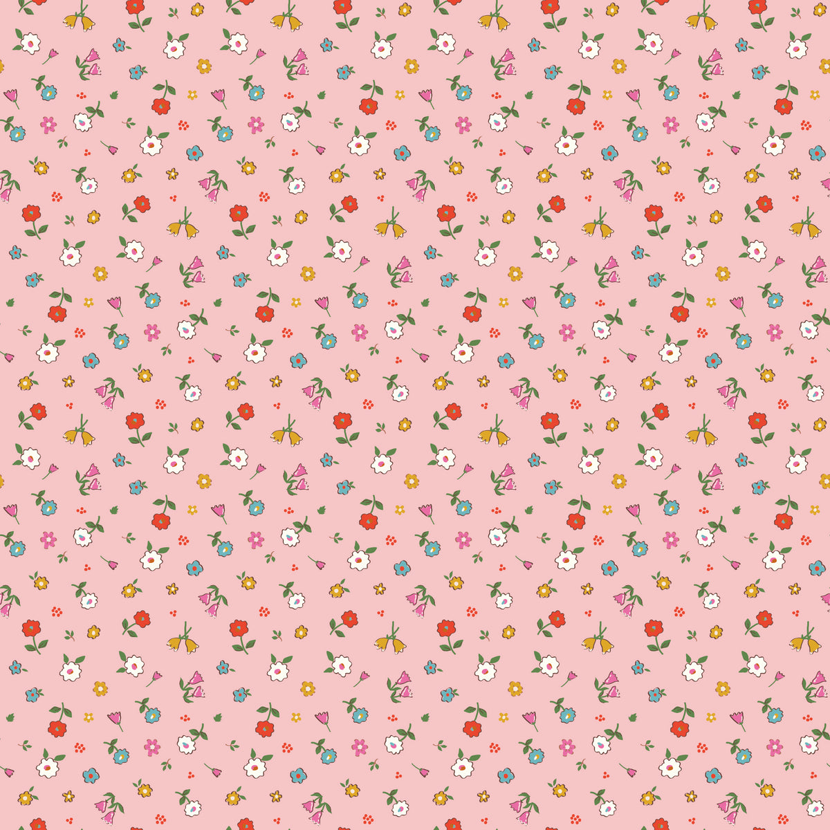 Cotton Nook Pretty Pink fabric with tiny colorful flowers and leafy sprigs on a soft pink background.