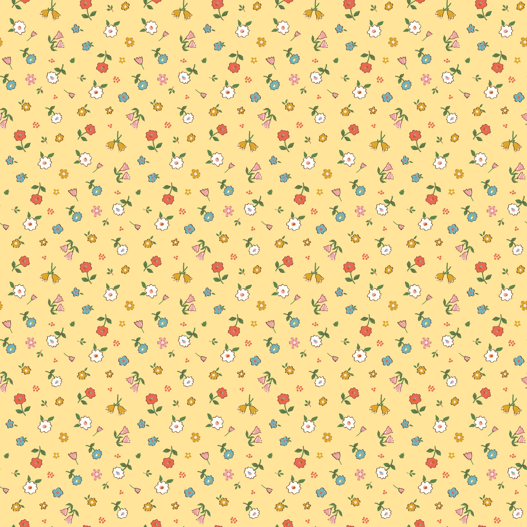 Cotton Nook Pretty Sunshine fabric with petite multicolor flowers on a warm yellow background.