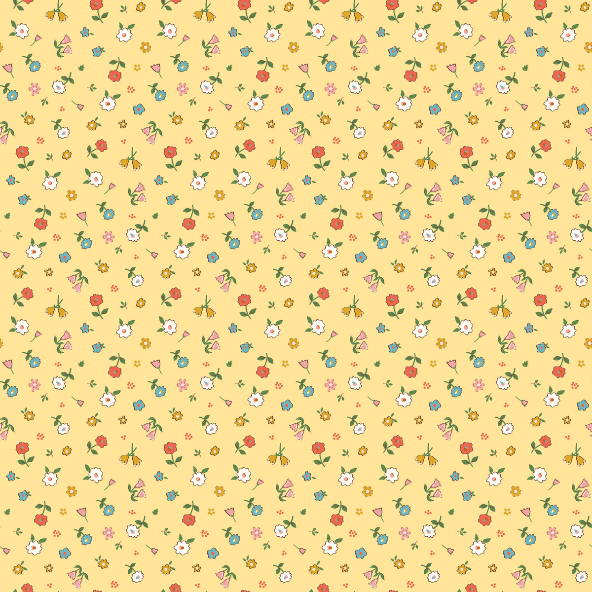 Cotton Nook Pretty Sunshine fabric with petite multicolor flowers on a warm yellow background.