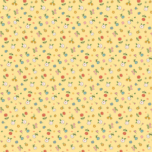 Cotton Nook Pretty Sunshine fabric with petite multicolor flowers on a warm yellow background.