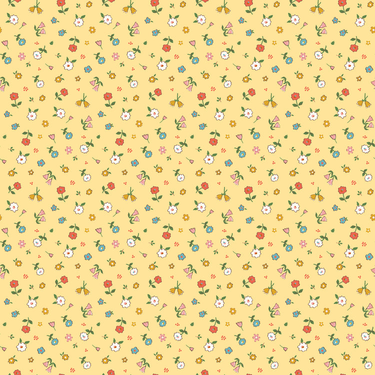 Cotton Nook Pretty Sunshine fabric with petite multicolor flowers on a warm yellow background.