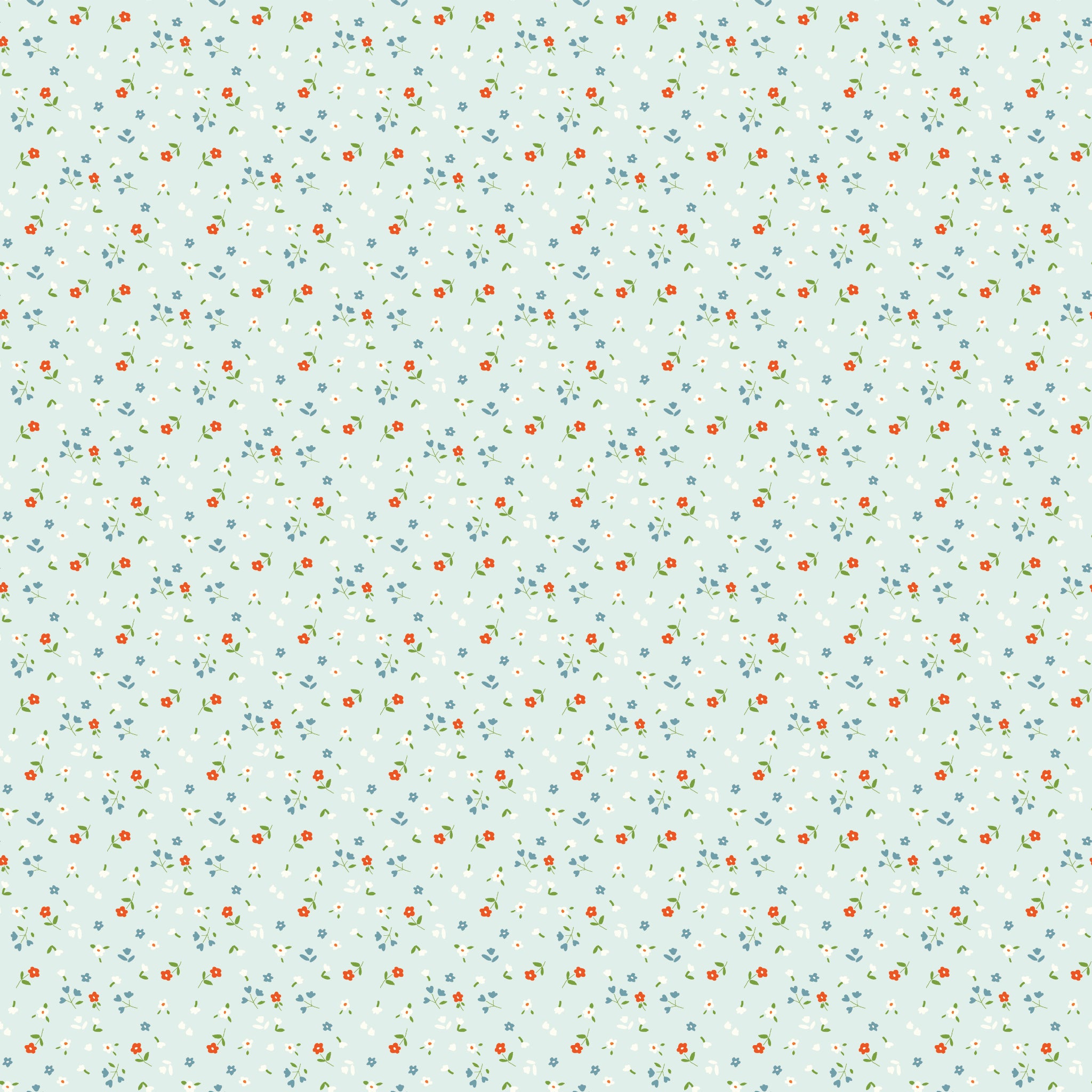 Cotton Nook Flowers Bleached Denim fabric with tiny floral sprigs on a pale blue background.