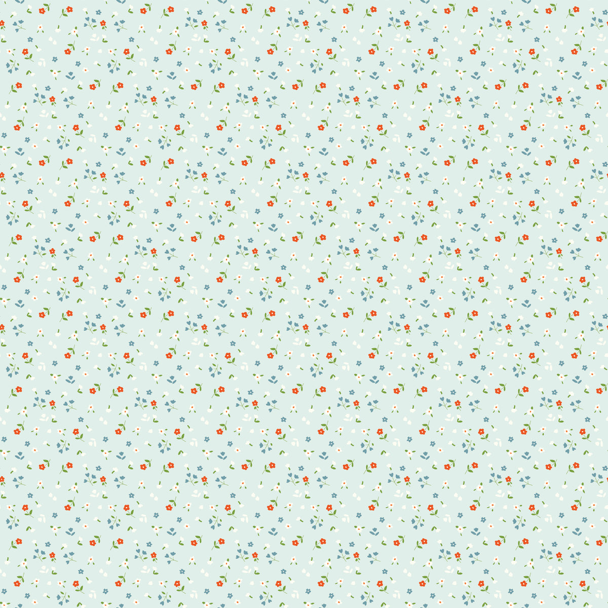 Cotton Nook Flowers Bleached Denim fabric with tiny floral sprigs on a pale blue background.
