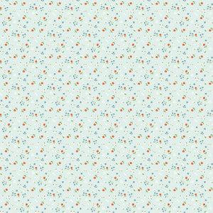 Cotton Nook Flowers Bleached Denim fabric with tiny floral sprigs on a pale blue background.