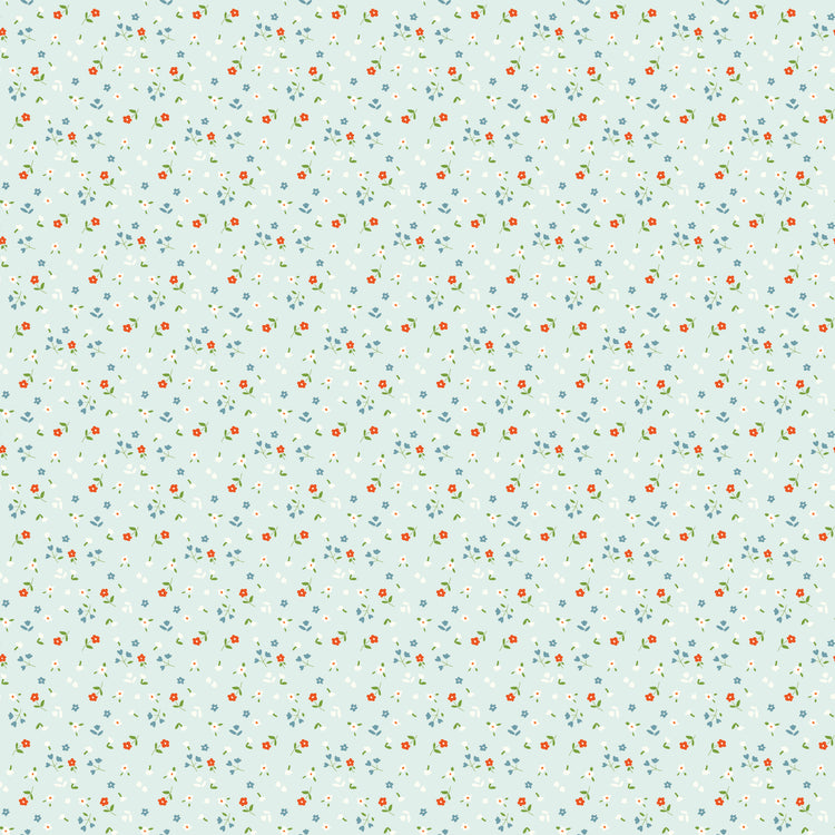 Cotton Nook Flowers Bleached Denim fabric with tiny floral sprigs on a pale blue background.