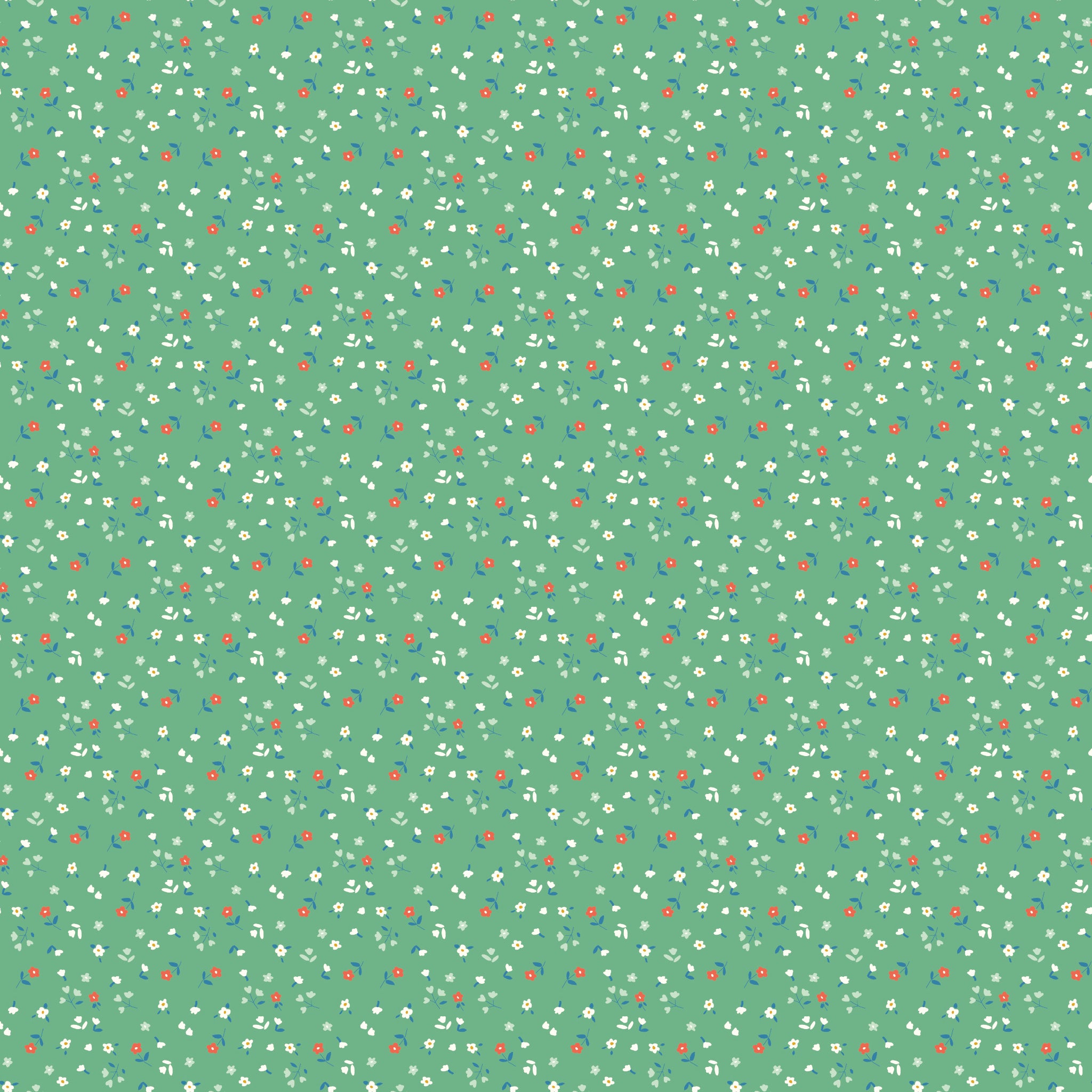 Cotton Nook Flowers Green fabric with tiny white, coral and blue flowers on a green background.