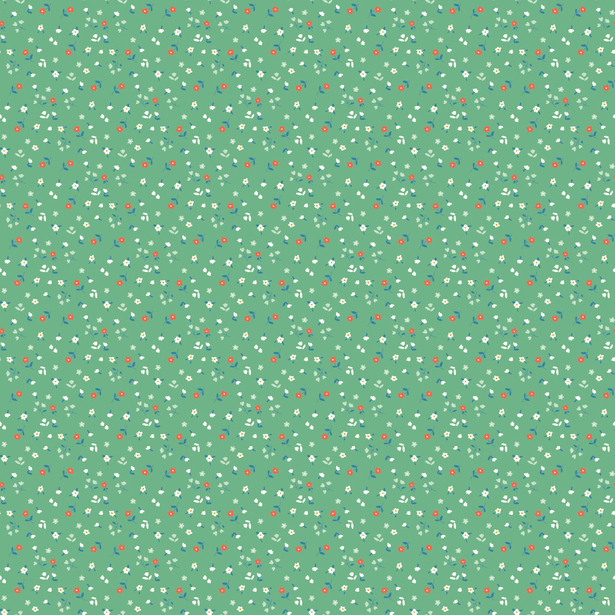 Cotton Nook Flowers Green fabric with tiny white, coral and blue flowers on a green background.