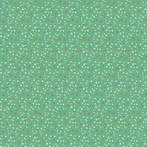 Cotton Nook Flowers Green fabric with tiny white, coral and blue flowers on a green background.
