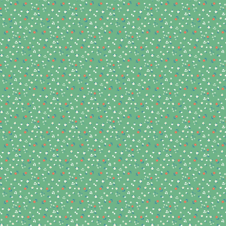 Cotton Nook Flowers Green fabric with tiny white, coral and blue flowers on a green background.