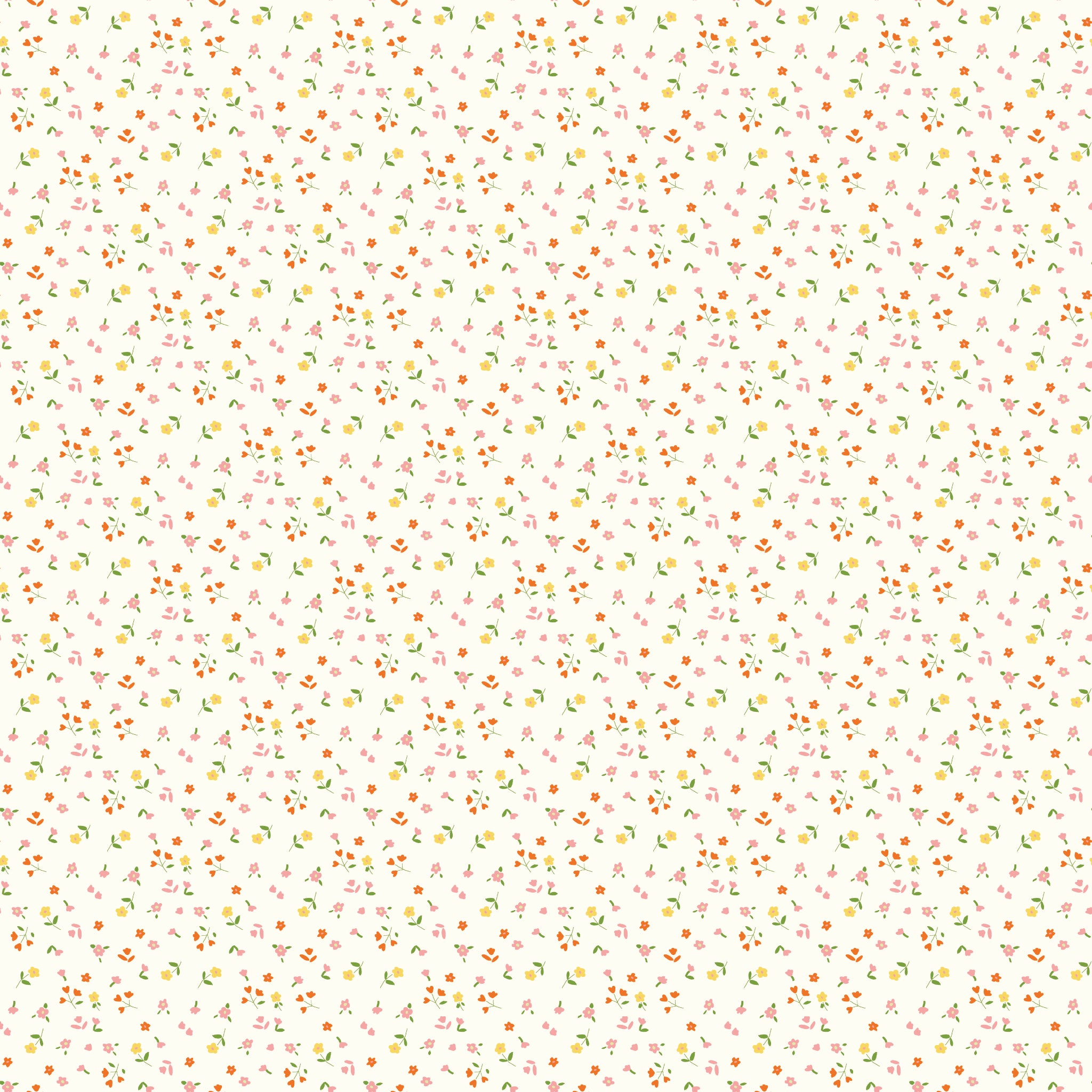Cotton Nook Flowers Vintage White fabric with tiny pink, orange and yellow floral sprigs.