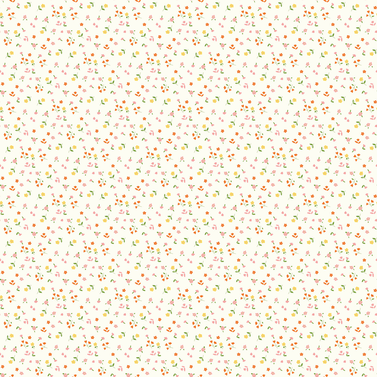 Cotton Nook Flowers Vintage White fabric with tiny pink, orange and yellow floral sprigs.