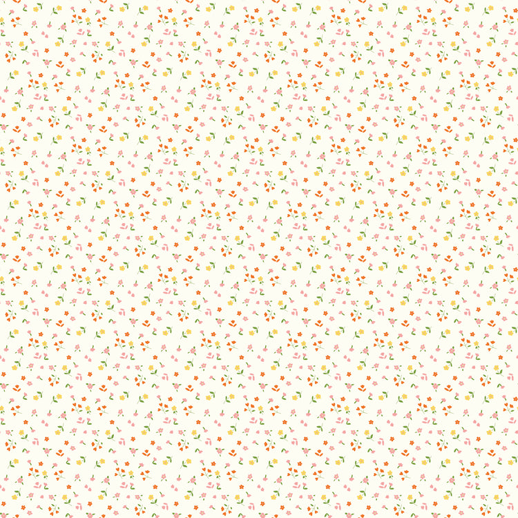 Cotton Nook Flowers Vintage White fabric with tiny pink, orange and yellow floral sprigs.