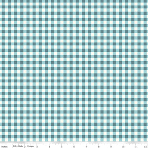 Cotton Nook Plaid Blue fabric with aqua, blue-gray and cream gingham checks with ruler for scale.