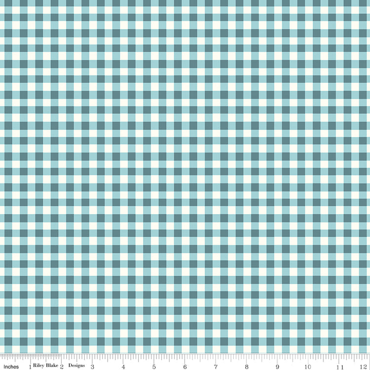 Cotton Nook Plaid Blue fabric with aqua, blue-gray and cream gingham checks with ruler for scale.