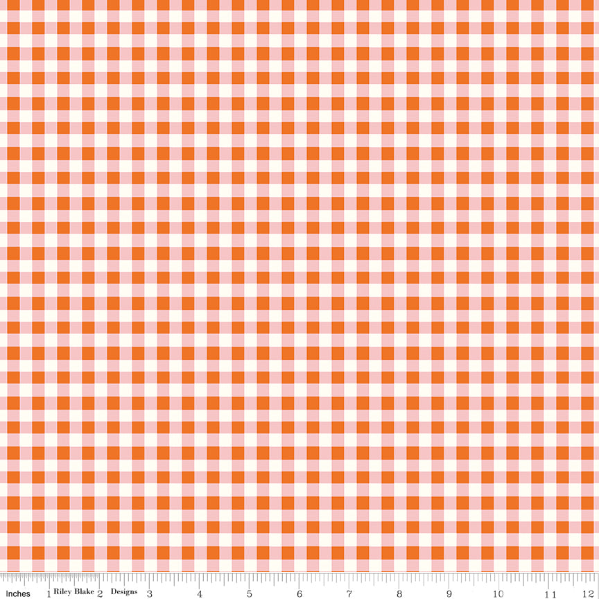 Cotton Nook Plaid Orange fabric with orange, blush pink and cream gingham checks with ruler for scale.