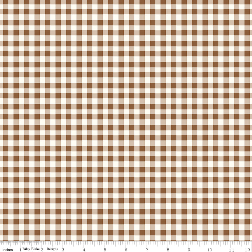 Cotton Nook Plaid Teddy fabric with brown, tan and cream gingham checks with ruler for scale.