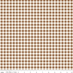 Cotton Nook Plaid Teddy fabric with brown, tan and cream gingham checks with ruler for scale.