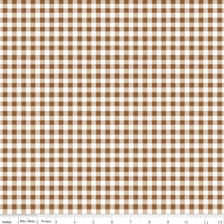 Cotton Nook Plaid Teddy fabric with brown, tan and cream gingham checks with ruler for scale.