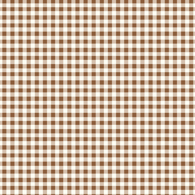 Cotton Nook Plaid Teddy fabric with brown, tan and cream gingham checks.