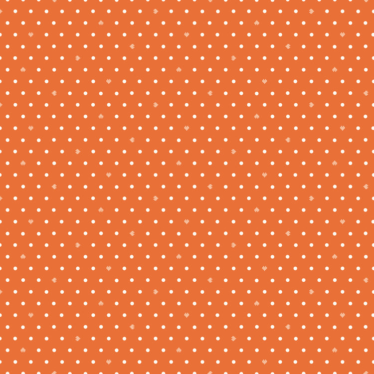 Cotton Nook Dots Orange fabric with small cream dots scattered across a bright orange background.