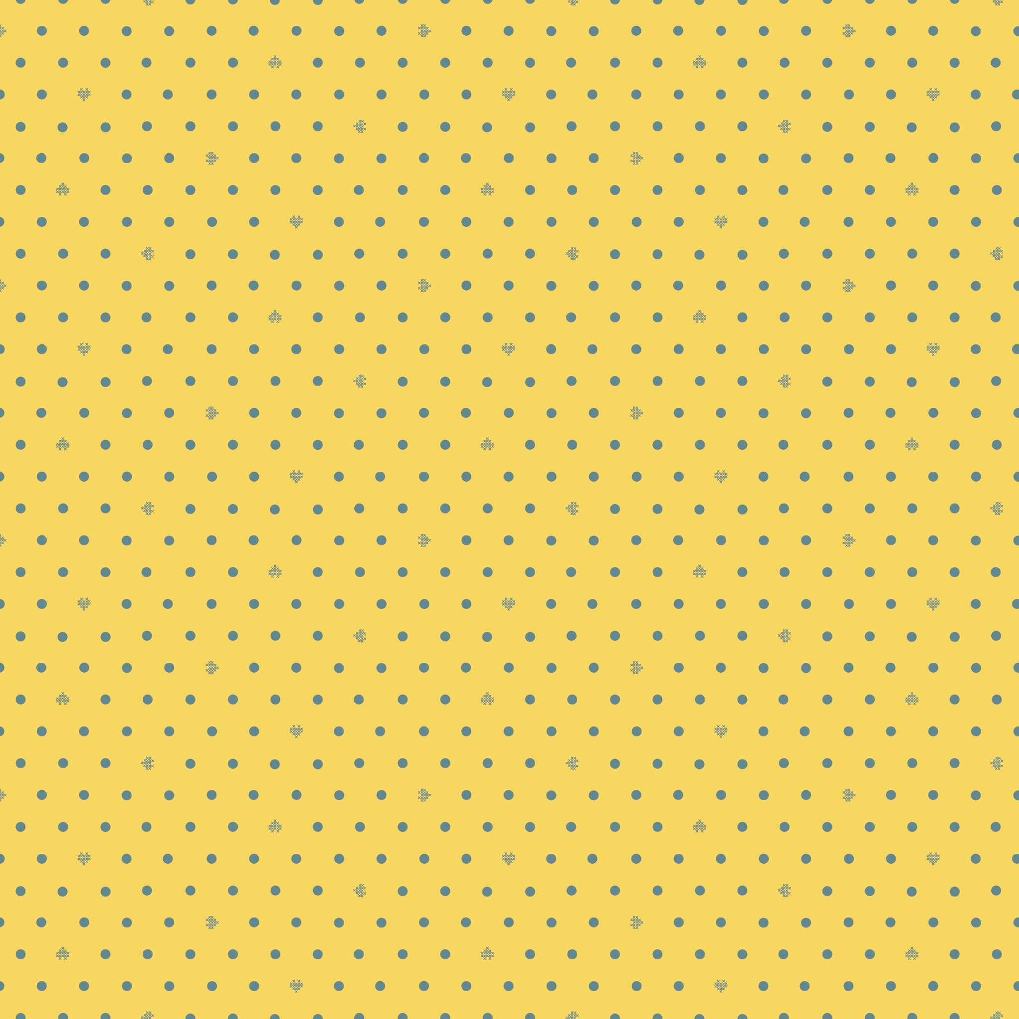 Cotton Nook Dots Yellow fabric with small blue-gray dots scattered across a sunny yellow background.