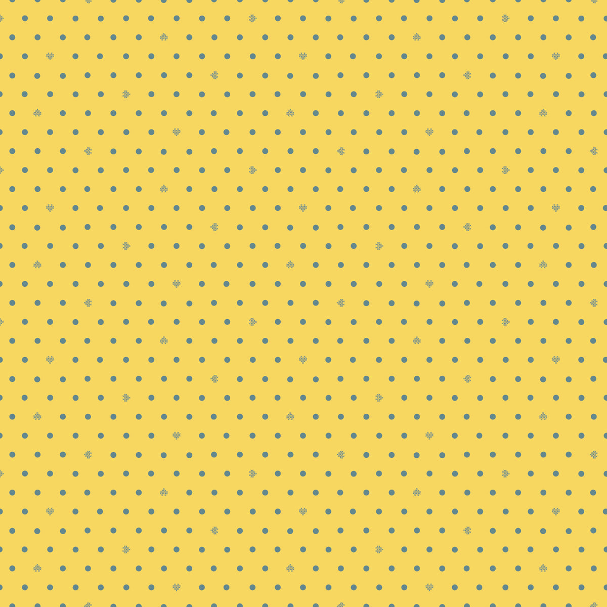 Cotton Nook Dots Yellow fabric with small blue-gray dots scattered across a sunny yellow background.