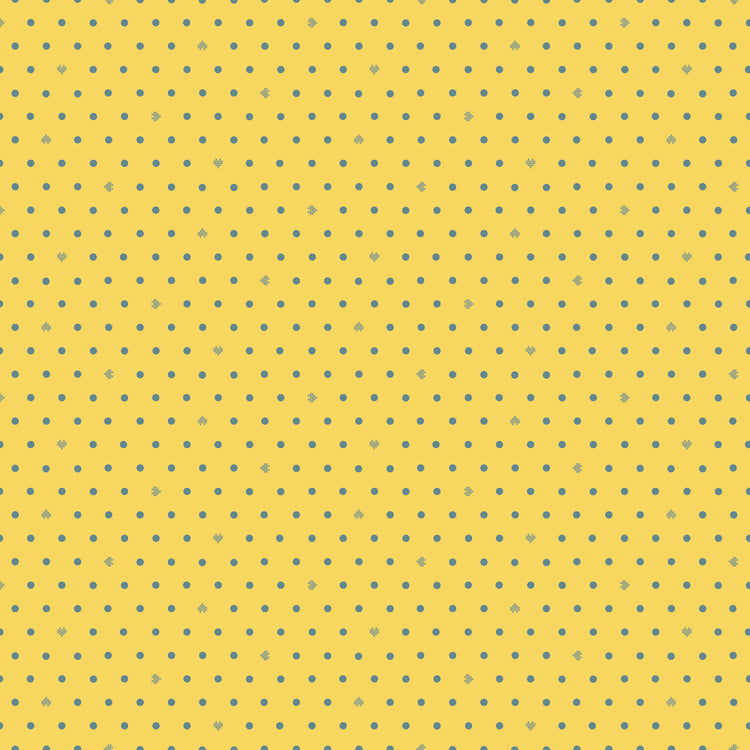 Cotton Nook Dots Yellow fabric with small blue-gray dots scattered across a sunny yellow background.