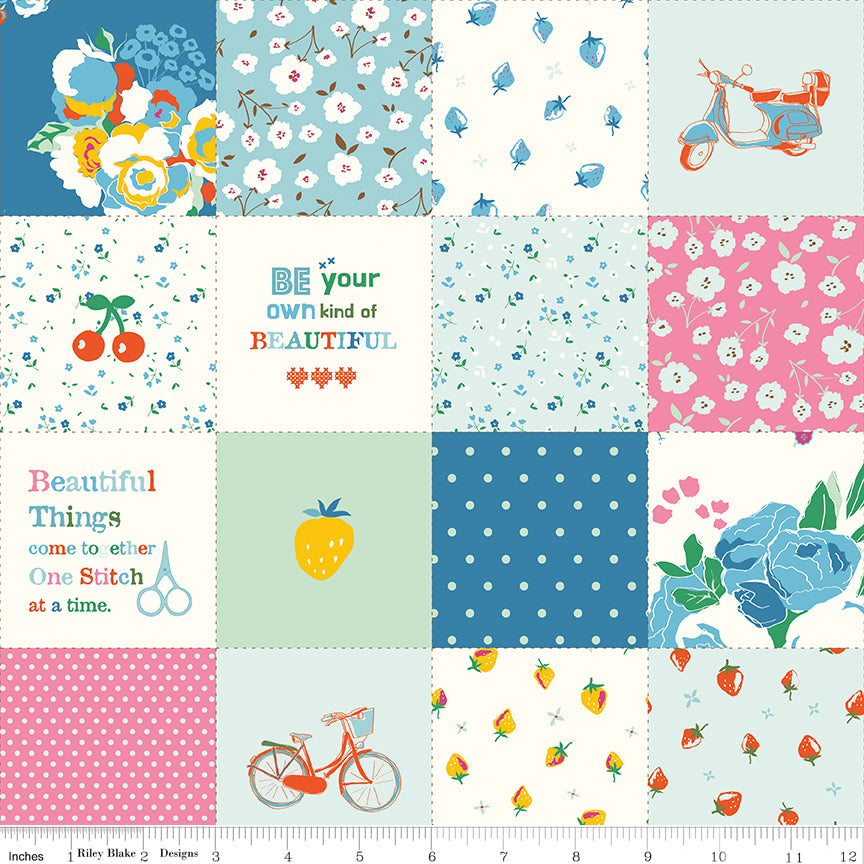 Cotton Nook Patchwork Blue fabric with florals, fruit, bicycles, scooters, dots and sayings with ruler for scale.