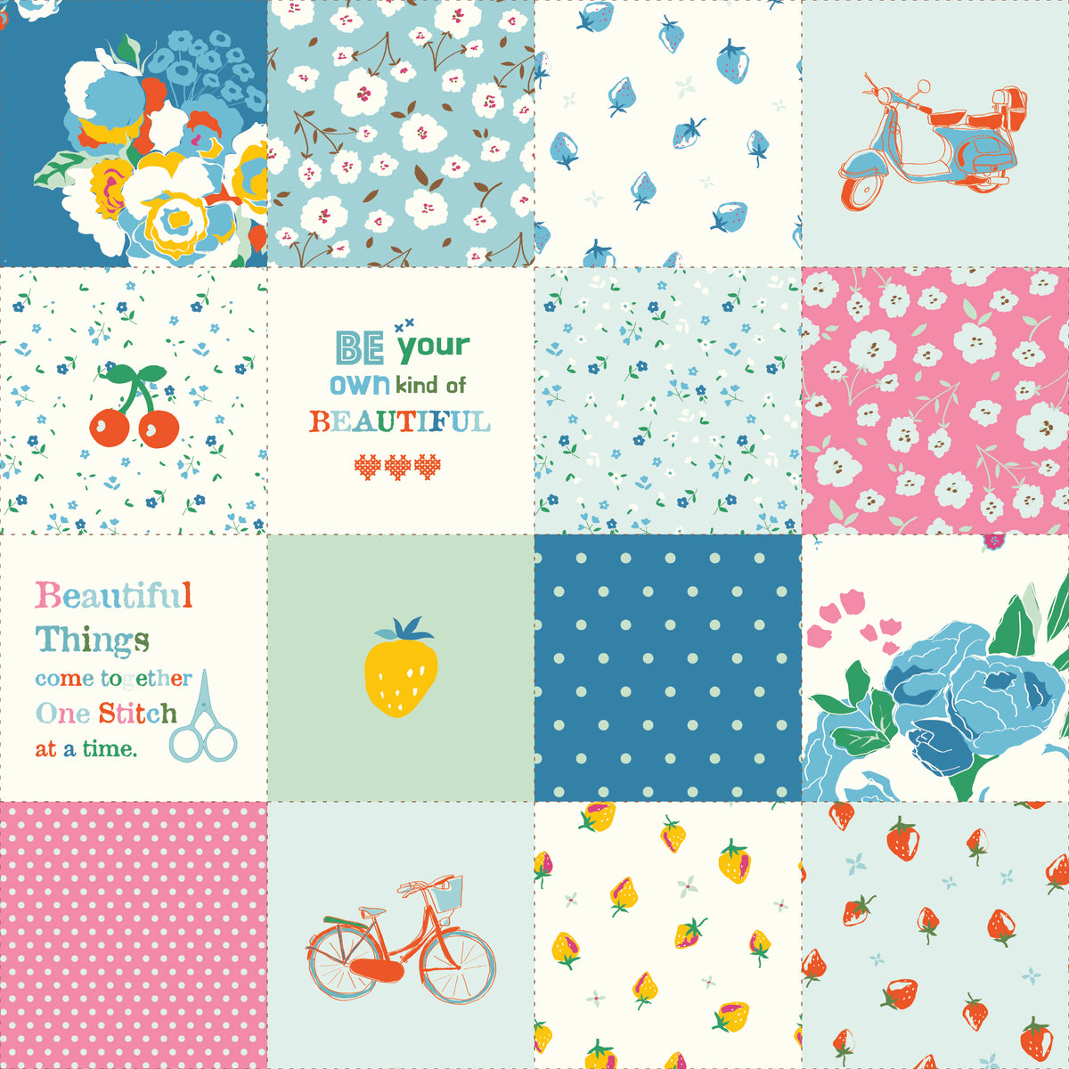 Cotton Nook Patchwork Blue fabric with florals, fruit, bicycles, scooters, dots and sayings.