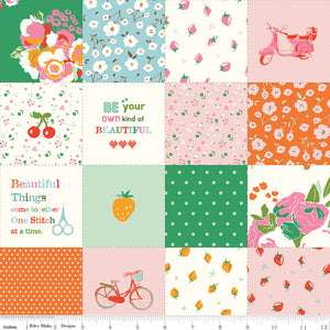Cotton Nook Patchwork Green fabric with floral, fruit, bicycle, scooter and sewing themed blocks with ruler for scale.